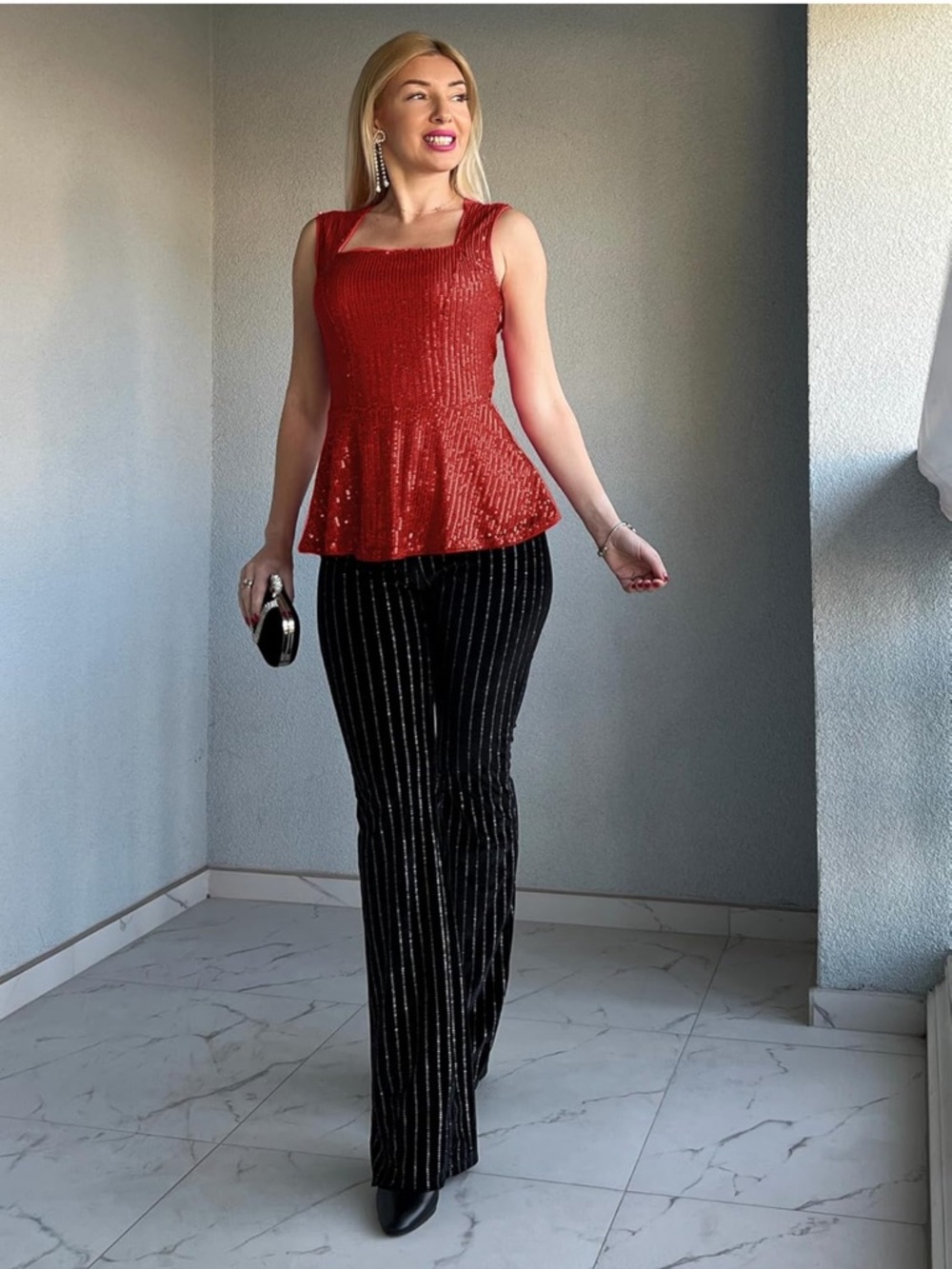 Red Sequin Peplum Top XL